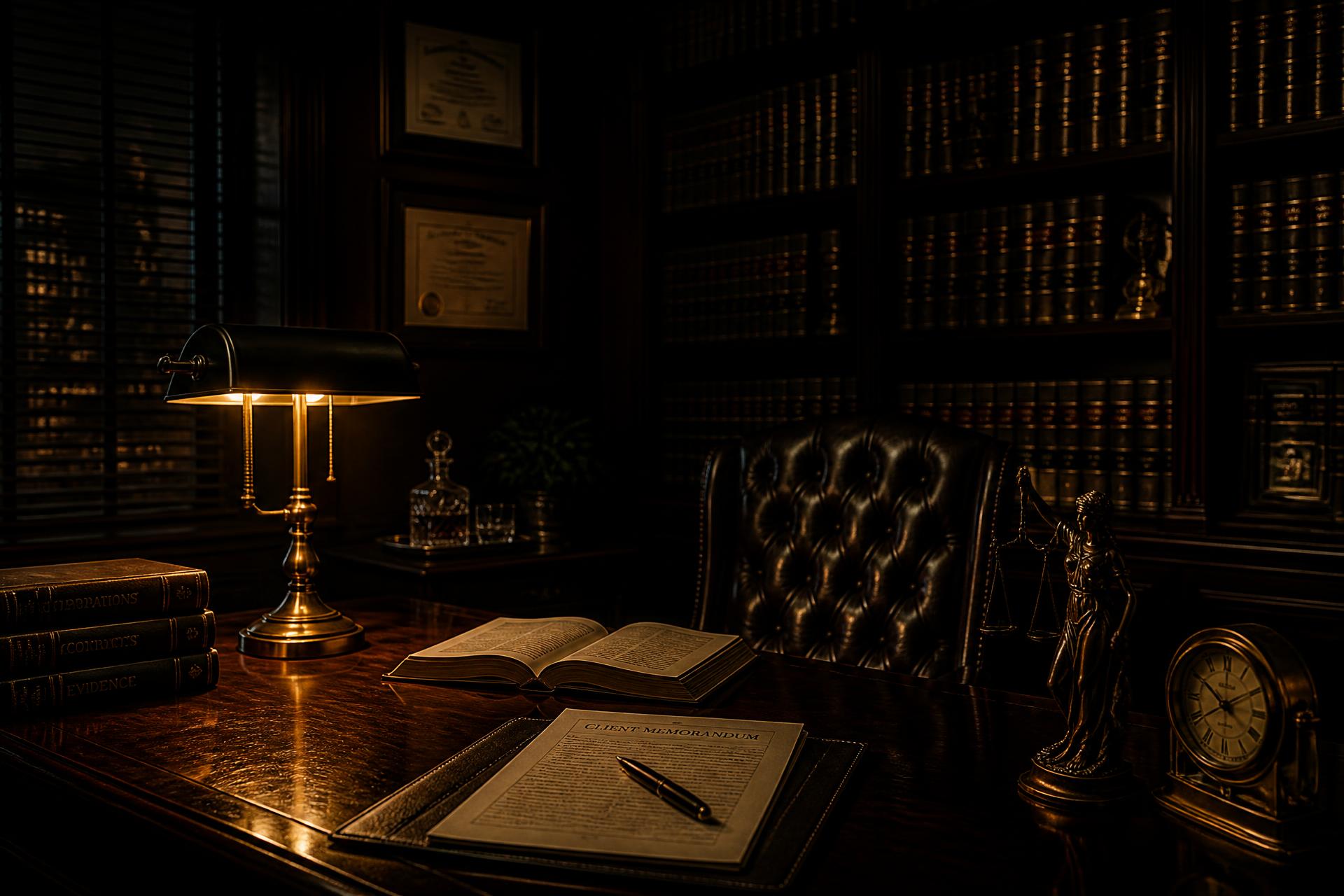 Chambers desk with a brass lamp and law reports